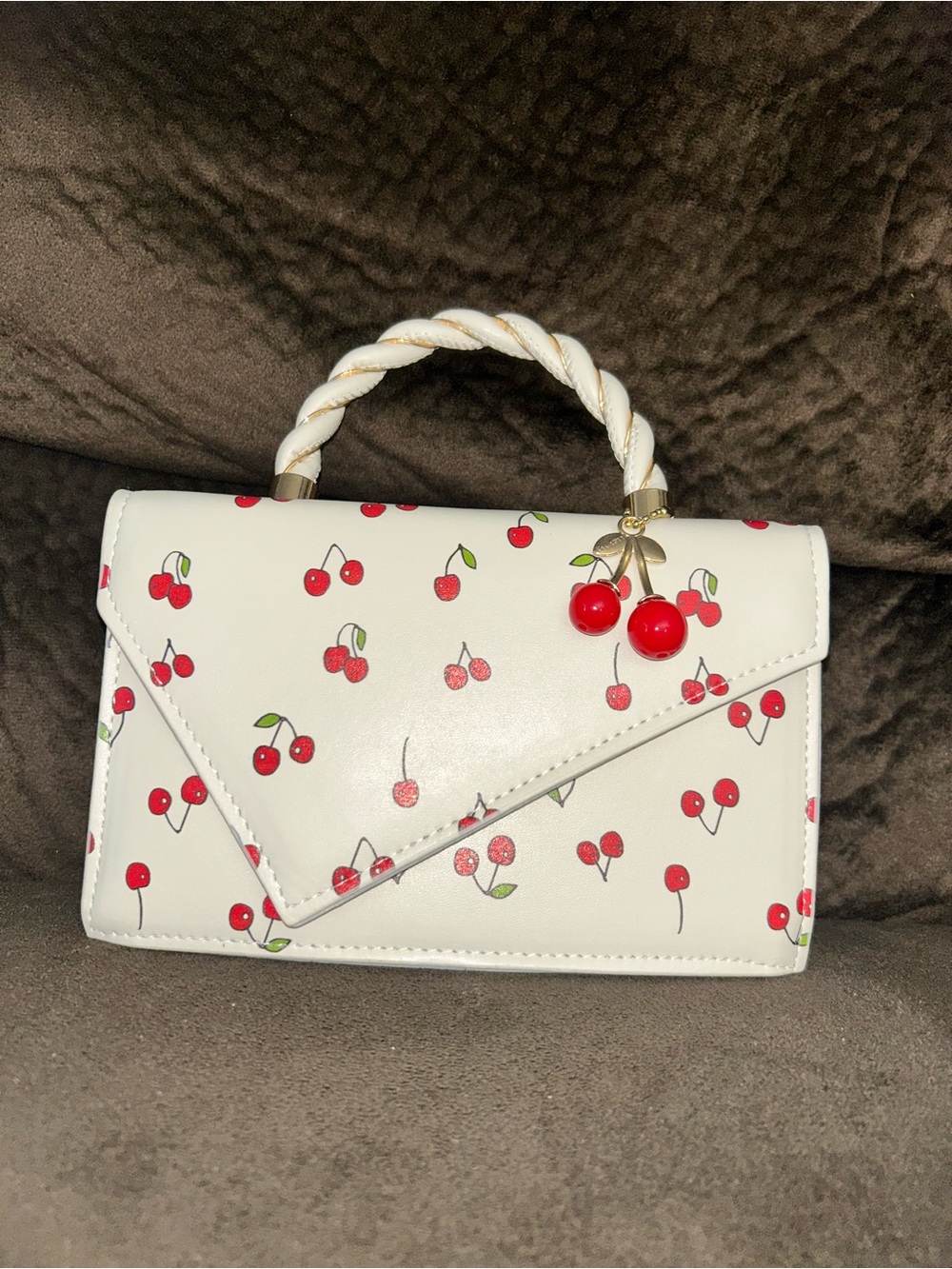 White Vegan Leather Cherry Print Top-Handle Women's Bag